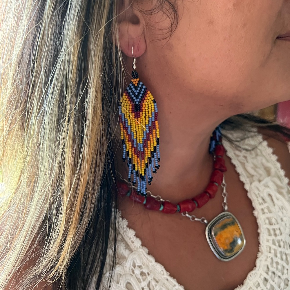 Gorgeous 🌻Hand Beaded Boho tassel boho western tribal earrings blue yellow - Picture 2 of 3